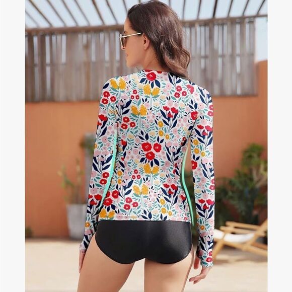 Bright Colored Floral Rashguard with front zip, thumb holes and 50+UPF- NWOT- Sm - Picture 5 of 13